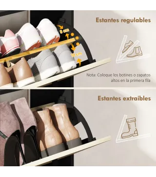Zapatero Estrecho con 2 Puertas 3 Estantes Laterales y Estantes Ajustables para 15 Pares de Zapatos Natural y Negro