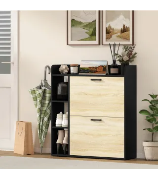 Zapatero Estrecho con 2 Puertas 3 Estantes Laterales y Estantes Ajustables para 15 Pares de Zapatos Natural y Negro