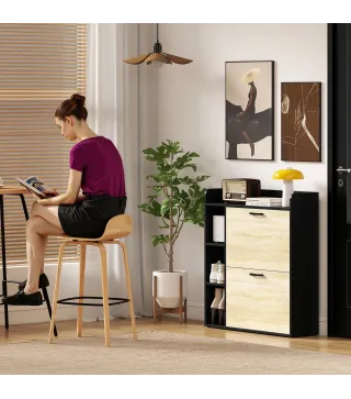 Zapatero Estrecho con 2 Puertas 3 Estantes Laterales y Estantes Ajustables para 15 Pares de Zapatos Natural y Negro