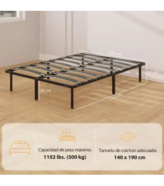 Estructura de Cama 140x190 cm con Marco de Acero Láminas de Álamo y Espacio de Almacenamiento Carga 500 kg Negro