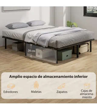 Estructura de Cama 140x190 cm con Marco de Acero Láminas de Álamo y Espacio de Almacenamiento Carga 500 kg Negro