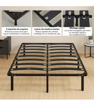 Estructura de Cama 140x190 cm con Marco de Acero Láminas de Álamo y Espacio de Almacenamiento Carga 500 kg Negro