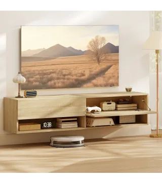 Mueble de TV Suspendido 2 Cajones Abatibles 2 Estantes Abiertos para Televisión 60 Pulgadas 140x32x31 cm Madera Natural