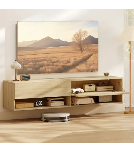 Mueble de TV Suspendido 2 Cajones Abatibles 2 Estantes Abiertos para Televisión 60 Pulgadas 140x32x31 cm Madera Natural