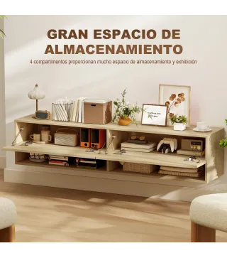 Mueble de TV Suspendido 2 Cajones Abatibles 2 Estantes Abiertos para Televisión 60 Pulgadas 140x32x31 cm Madera Natural