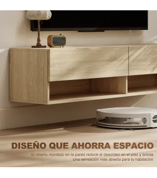 Mueble de TV Suspendido 2 Cajones Abatibles 2 Estantes Abiertos para Televisión 60 Pulgadas 140x32x31 cm Madera Natural