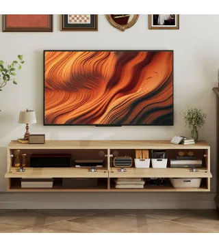 Mueble de TV Suspendido 2 Cajones Abatibles 2 Estantes Abiertos para Televisión 60 Pulgadas 140x32x31 cm Madera Natural