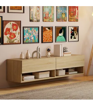 Mueble de TV Suspendido 2 Cajones Abatibles 2 Estantes Abiertos para Televisión 60 Pulgadas 140x32x31 cm Madera Natural