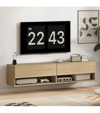 Mueble de TV Suspendido 2 Cajones Abatibles 2 Estantes Abiertos para Televisión 60 Pulgadas 140x32x31 cm Madera Natural