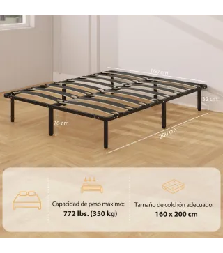 Estructura de Cama 160x200 cm con Marco de Acero Láminas de Álamo y Espacio de Almacenamiento Carga 500 kg Negro