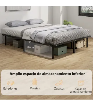 Estructura de Cama 160x200 cm con Marco de Acero Láminas de Álamo y Espacio de Almacenamiento Carga 500 kg Negro