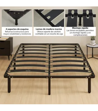Estructura de Cama 160x200 cm con Marco de Acero Láminas de Álamo y Espacio de Almacenamiento Carga 500 kg Negro