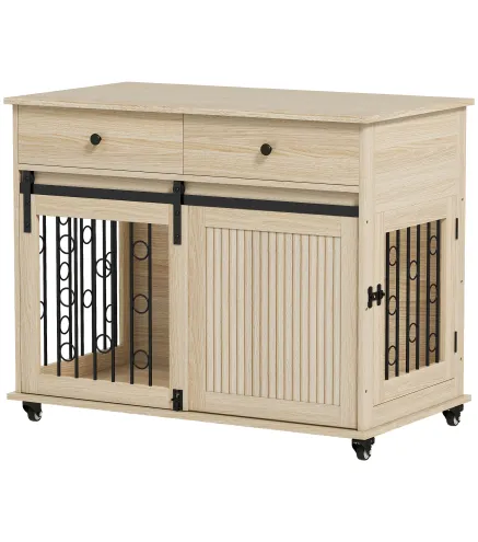 Jaula para Perros Medianos y Grandes Mesa Auxiliar Moderna con 2 Cajones 2 Puertas y Cierre 100x56x81 cm Roble