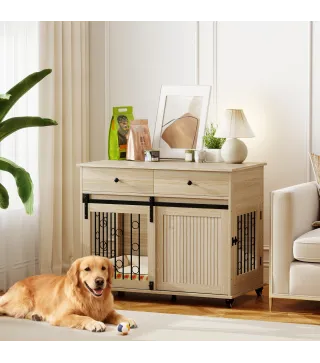 Jaula para Perros Medianos y Grandes Mesa Auxiliar Moderna con 2 Cajones 2 Puertas y Cierre 100x56x81 cm Roble