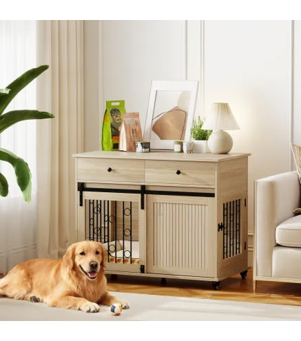 Jaula para Perros Medianos y Grandes Mesa Auxiliar Moderna con 2 Cajones 2 Puertas y Cierre 100x56x81 cm Roble