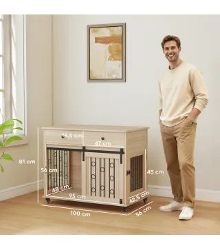 Jaula para Perros Medianos y Grandes Mesa Auxiliar Moderna con 2 Cajones 2 Puertas y Cierre 100x56x81 cm Roble