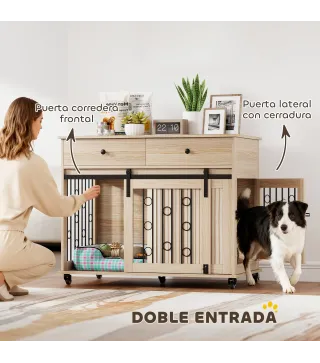 Jaula para Perros Medianos y Grandes Mesa Auxiliar Moderna con 2 Cajones 2 Puertas y Cierre 100x56x81 cm Roble