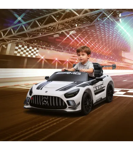 Coche Eléctrico para Niños Mercedes-AMG GT3 Evo con Mando a Distancia Motor Doble Ruedas Auxiliares Asa Música Blanco