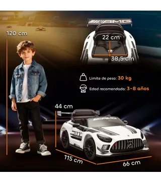 Coche Eléctrico para Niños Mercedes-AMG GT3 Evo con Mando a Distancia Motor Doble Ruedas Auxiliares Asa Música Blanco