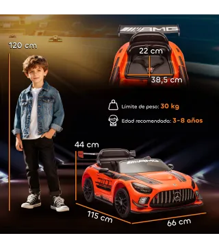 Coche Eléctrico para Niños Mercedes-AMG GT3 Evo con Mando a Distancia Motor Doble Ruedas Auxiliares Asa Música Naranja