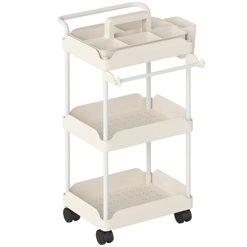 Carrito Auxiliar con Ruedas de 3 Niveles Carrito de Cocina con Cestas Extraíbles y Soporte para Toallas Blanco