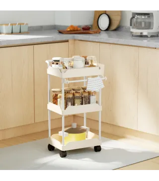 Carrito Auxiliar con Ruedas de 3 Niveles Carrito de Cocina con Cestas Extraíbles y Soporte para Toallas Blanco