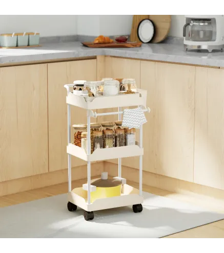 Carrito Auxiliar con Ruedas de 3 Niveles Carrito de Cocina con Cestas Extraíbles y Soporte para Toallas Blanco