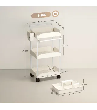 Carrito Auxiliar con Ruedas de 3 Niveles Carrito de Cocina con Cestas Extraíbles y Soporte para Toallas Blanco