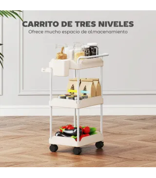 Carrito Auxiliar con Ruedas de 3 Niveles Carrito de Cocina con Cestas Extraíbles y Soporte para Toallas Blanco