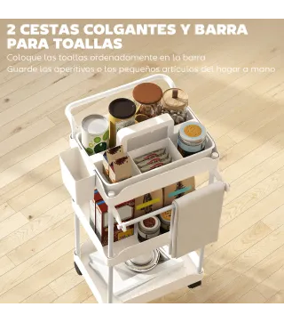 Carrito Auxiliar con Ruedas de 3 Niveles Carrito de Cocina con Cestas Extraíbles y Soporte para Toallas Blanco