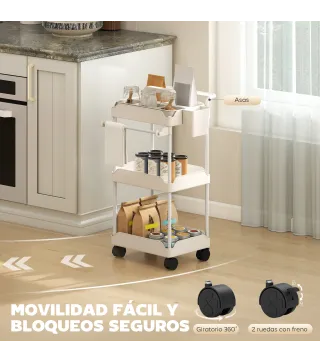 Carrito Auxiliar con Ruedas de 3 Niveles Carrito de Cocina con Cestas Extraíbles y Soporte para Toallas Blanco