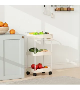 Carrito Auxiliar con Ruedas de 3 Niveles Carrito de Cocina con Cestas Extraíbles y Soporte para Toallas Blanco