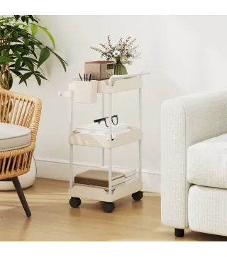 Carrito Auxiliar con Ruedas de 3 Niveles Carrito de Cocina con Cestas Extraíbles y Soporte para Toallas Blanco