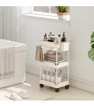Carrito Auxiliar con Ruedas de 3 Niveles Carrito de Cocina con Cestas Extraíbles y Soporte para Toallas Blanco