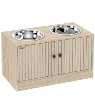 Comedero Perro Elevado con 2 Cuencos de Acero Inoxidable 2x2000 ml con Comedero Lento Almacenamiento Oculto Roble