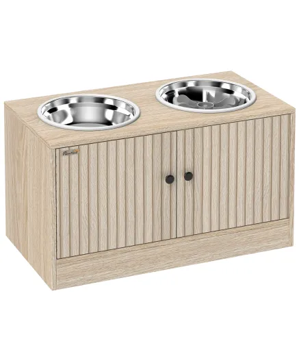 Comedero Perro Elevado con 2 Cuencos de Acero Inoxidable 2x2000 ml con Comedero Lento Almacenamiento Oculto Roble