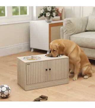 Comedero Perro Elevado con 2 Cuencos de Acero Inoxidable 2x2000 ml con Comedero Lento Almacenamiento Oculto Roble