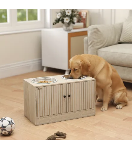 Comedero Perro Elevado con 2 Cuencos de Acero Inoxidable 2x2000 ml con Comedero Lento Almacenamiento Oculto Roble