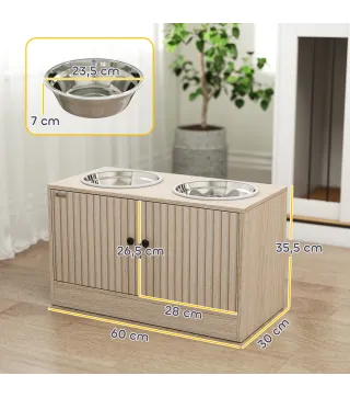 Comedero Perro Elevado con 2 Cuencos de Acero Inoxidable 2x2000 ml con Comedero Lento Almacenamiento Oculto Roble