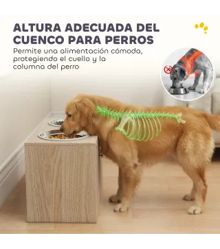 Comedero Perro Elevado con 2 Cuencos de Acero Inoxidable 2x2000 ml con Comedero Lento Almacenamiento Oculto Roble