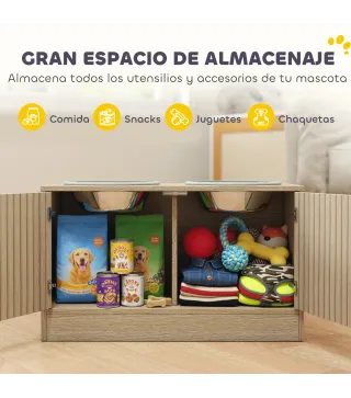 Comedero Perro Elevado con 2 Cuencos de Acero Inoxidable 2x2000 ml con Comedero Lento Almacenamiento Oculto Roble
