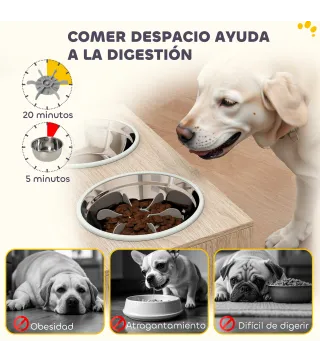 Comedero Perro Elevado con 2 Cuencos de Acero Inoxidable 2x2000 ml con Comedero Lento Almacenamiento Oculto Roble