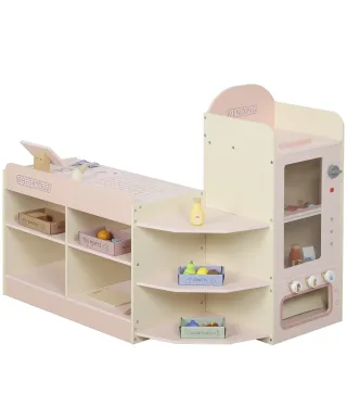 Supermercado Juguete Madera con Caja Registradora Máquina Expendedora 3 Estantes Abiertos 4 Compartimentos Rosa