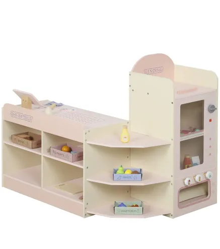 Supermercado Juguete Madera con Caja Registradora Máquina Expendedora 3 Estantes Abiertos 4 Compartimentos Rosa