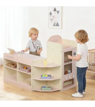 Supermercado Juguete Madera con Caja Registradora Máquina Expendedora 3 Estantes Abiertos 4 Compartimentos Rosa