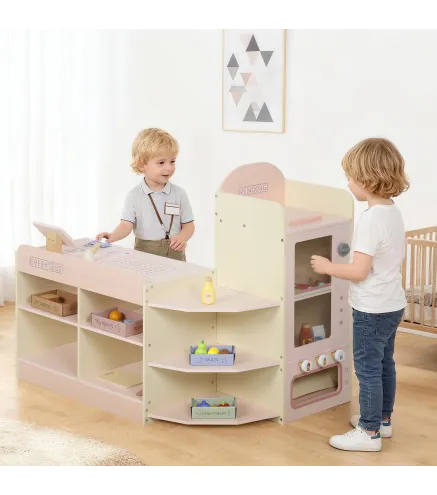 Supermercado Juguete Madera con Caja Registradora Máquina Expendedora 3 Estantes Abiertos 4 Compartimentos Rosa