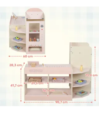 Supermercado Juguete Madera con Caja Registradora Máquina Expendedora 3 Estantes Abiertos 4 Compartimentos Rosa
