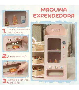 Supermercado Juguete Madera con Caja Registradora Máquina Expendedora 3 Estantes Abiertos 4 Compartimentos Rosa