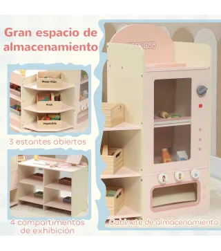 Supermercado Juguete Madera con Caja Registradora Máquina Expendedora 3 Estantes Abiertos 4 Compartimentos Rosa