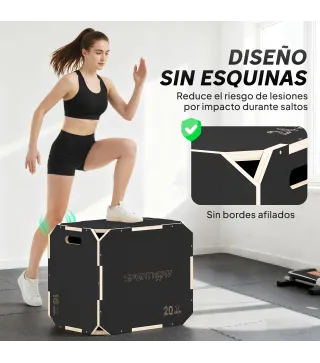 Cajón Pliométrico de Madera 3 en 1 con 3 Alturas Diferentes Asas sin Esquinas Entrenamiento de Salto 61x51x41 cm